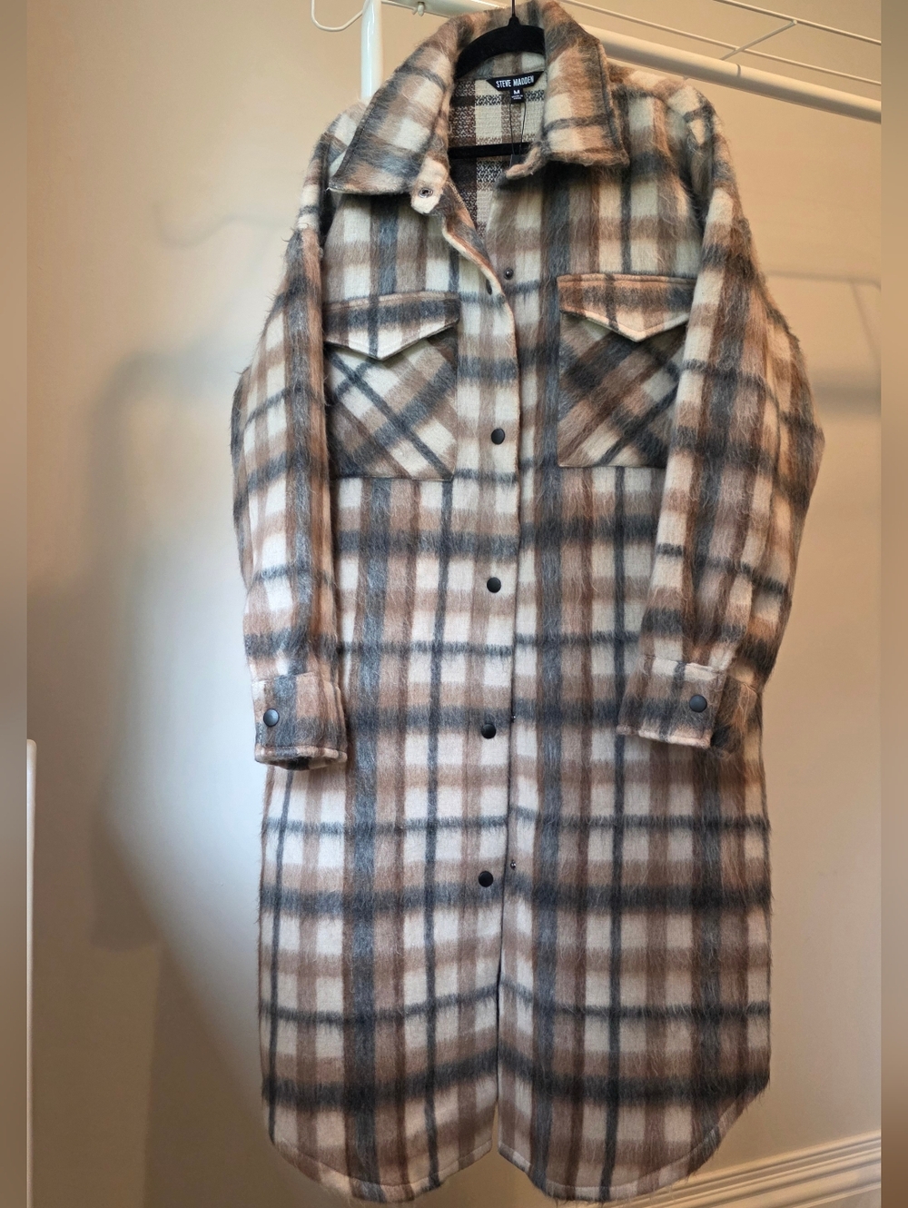 Steve Madden Long Plaid Shacket Coat in Cream, Brown & Gray